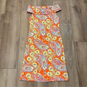🌟LAUREN RALPH LAUREN🌟 PAISLEY OFF THE SHOULDER COTTON KNIT DRESS ORANGE P S